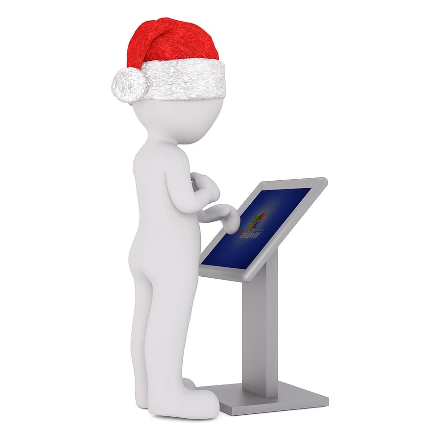 biały samiec, Model 3D, całe ciało, 3d santa hat, Boże Narodzenie, czapka Mikołaja, 3d, biały, odosobniony, okna, pulpit