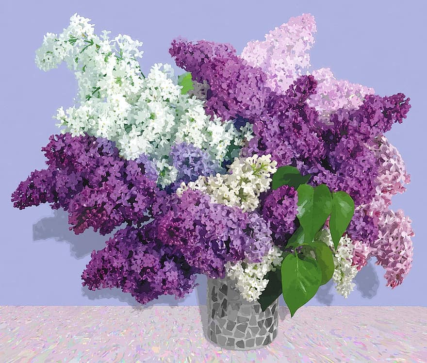 Art, Painting, Lilac, Flowers, Arrangement, Vase