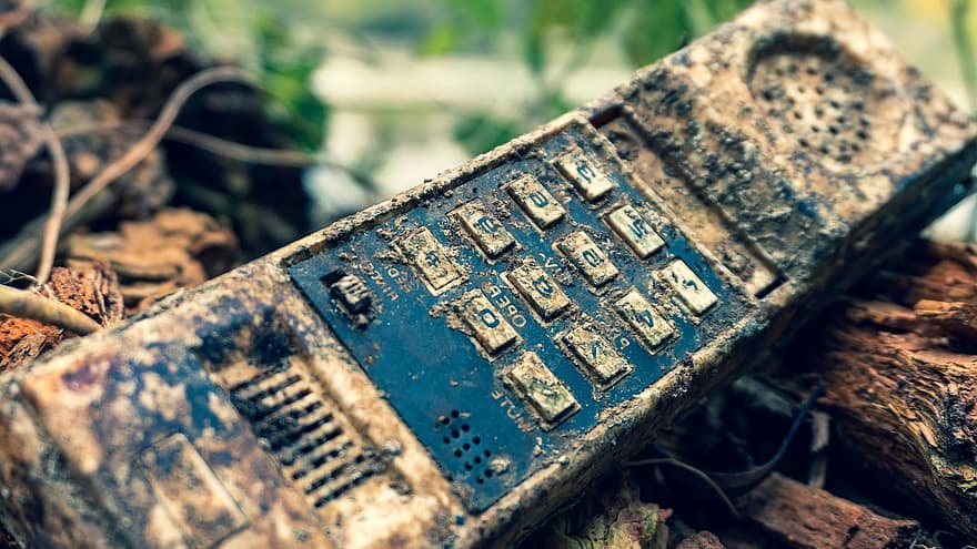 téléphone, mobile, rétro, cassé, vieux, antique, Téléphone, boue