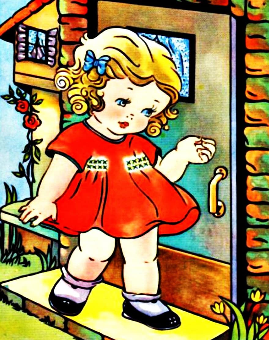 goldilocks, pasaka, 3 lokiai, Auksaplaukė ir trys lokiai, Vaikų istorija, senoji knyga, akvarelė, maža mergaitė, tapyba, derliaus, vaikai