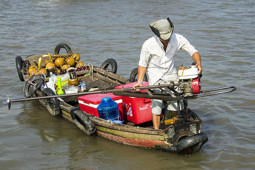 Vietnamas, mekong, upė, valtis, laivas, vanduo, vyrai, airis, transportavimas, Irklavimas, transporto rūšis