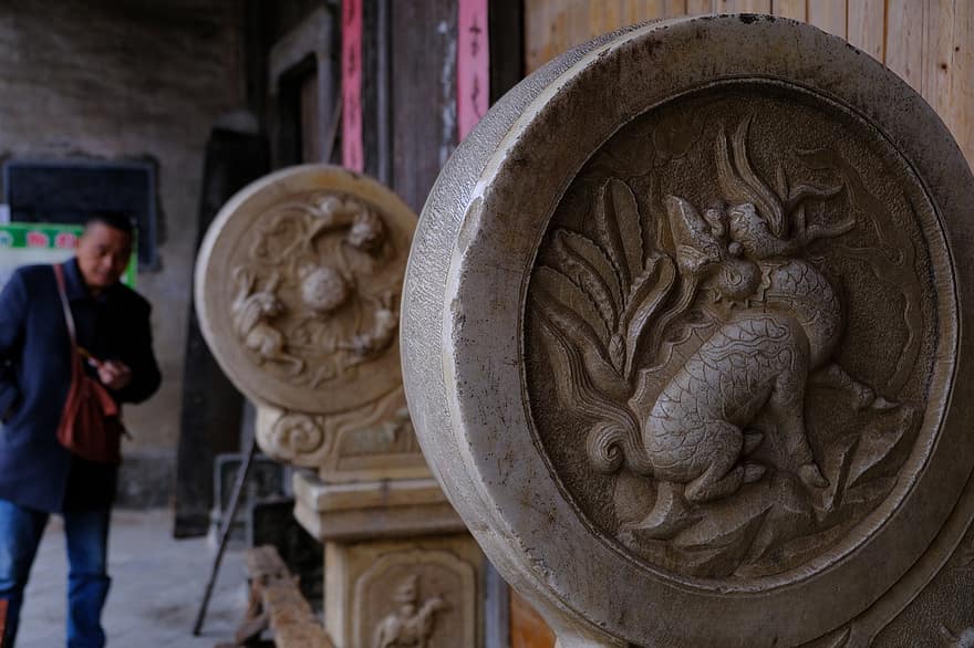 Huizhou, Sala przodków, rzeźba w kamieniu, Kamienne Bębny, Shigu, świątynia
