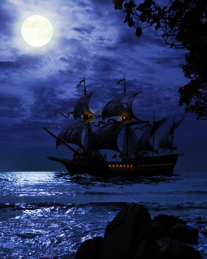 ファンタジー、海賊、冒険、船、宝、キャプテン、船乗り、旅行、図、古い、海