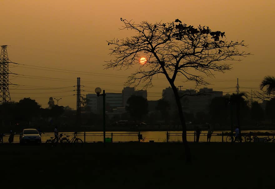 غروب الشمس ، بحيرة ، بعد الظهر ، فيتنام