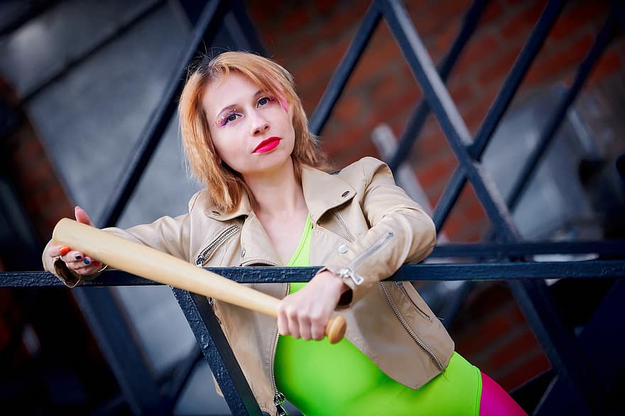 Woman, Outfit, 80s, Pose, Bat, Dangerous, Bright, Dispute, Bully, Fight, Threats