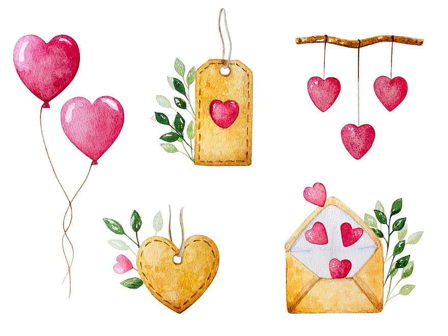 hart-, liefde, aquarellen, hangers, ballonnen, labels, Valentijnsdag, romance, hart vorm, decoratie, viering