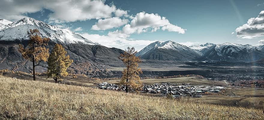 χωριό, altai βουνά, Μογγολία, φθινόπωρο, altai, φύση, δασάκι, xinjiang, βουνό, τοπίο, οροσειρά