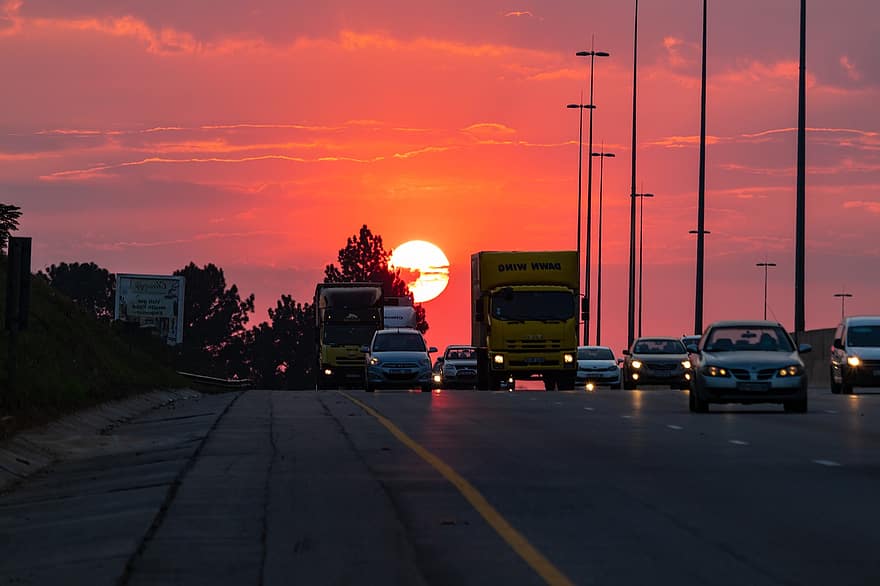 Sunset, Road, Traffic, Vehicles, Cars, Trucks, Highway, Sun, Sunlight, Dusk, Twilight