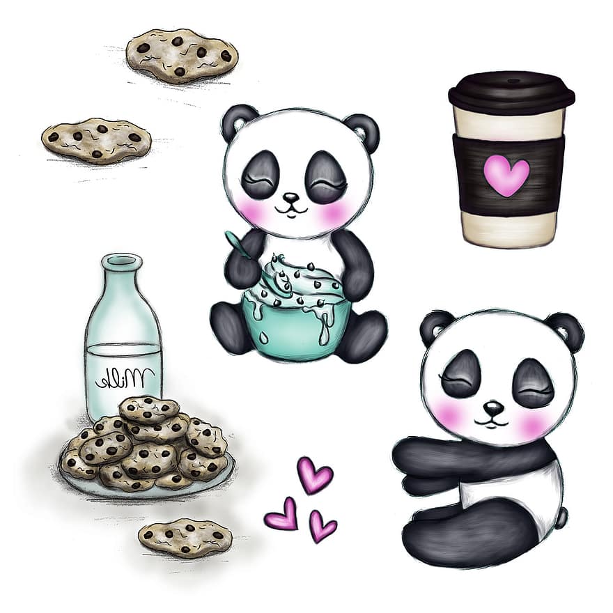 orso, panda, bicchiere, caffè, contento, disegno, latte, cracker, biscotti, cuori, cuore
