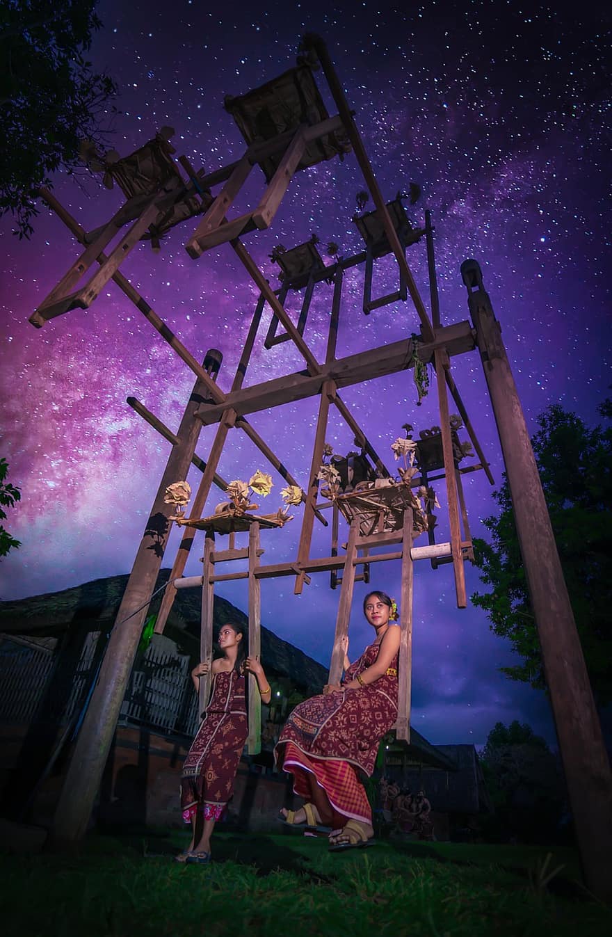 Swing, Women, Traditional, Culture, Bali, Indonesia, Chair, Ancient, night, men, fun