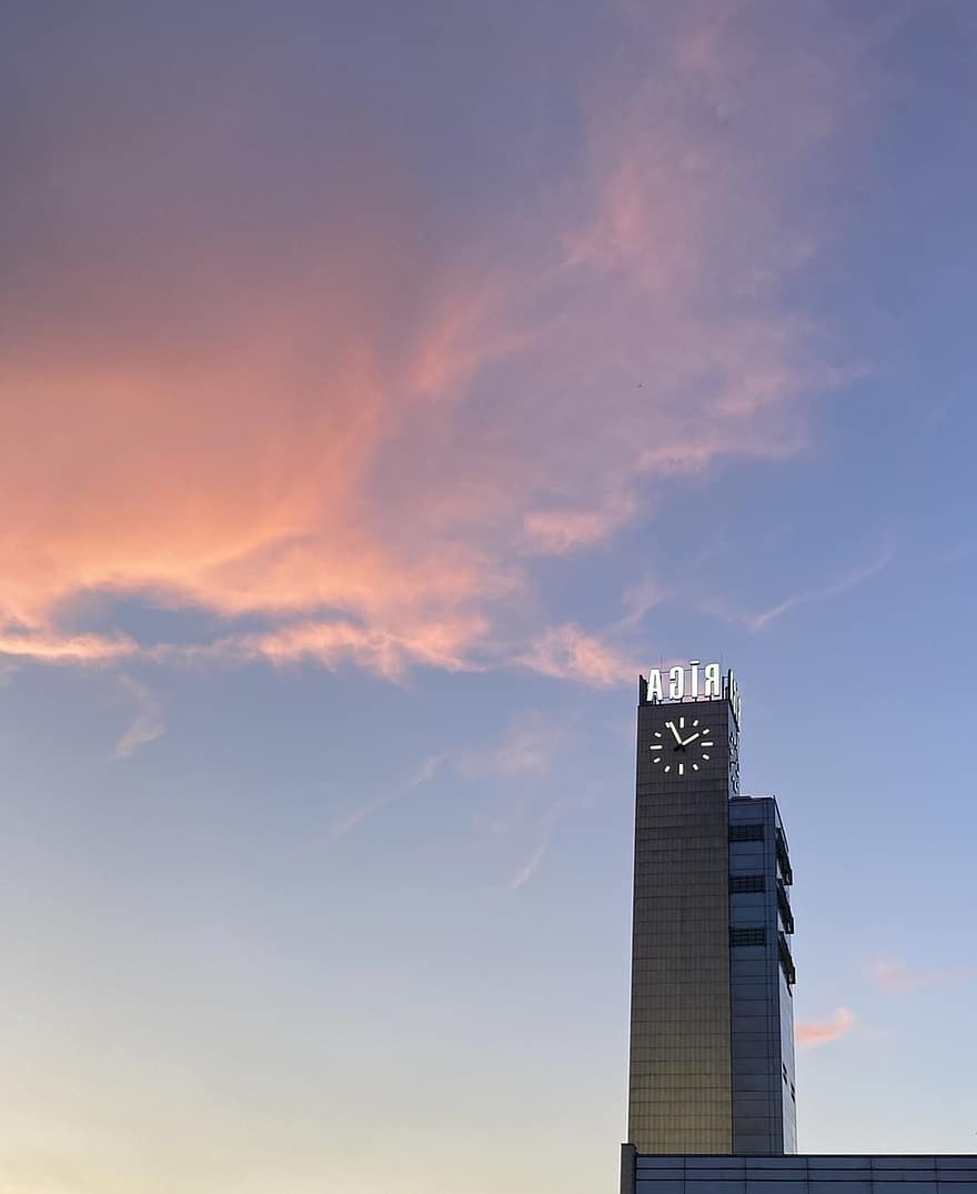 laikrodzio bokstas, pastatas, miestas, dangus, saulėlydis