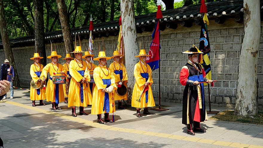 Coréia, Em frente a prefeitura, santuário de kotobuki de virtude, culturas, festival tradicional, parada, homens, roupa tradicional, roupas, cristandade, exército