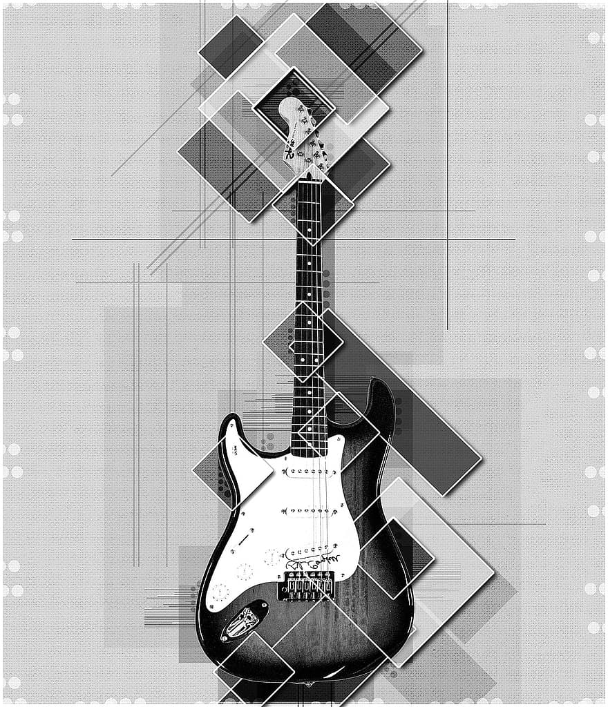 китара, музика, инструмент, колаж, постер, Photoshop, ефект, геометричен, дизайн, дигитален, изкуство