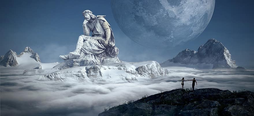 fantaisie, les montagnes, statue, homme, lune, neige, paysage, fantastique, surréaliste, des nuages, mystique