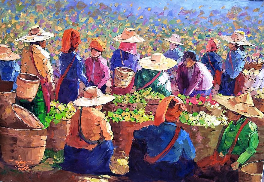 мистецтво, живопис, чай, збирачі, жінки, мішки, чайне листя, Люди, групи, ринку, кошик