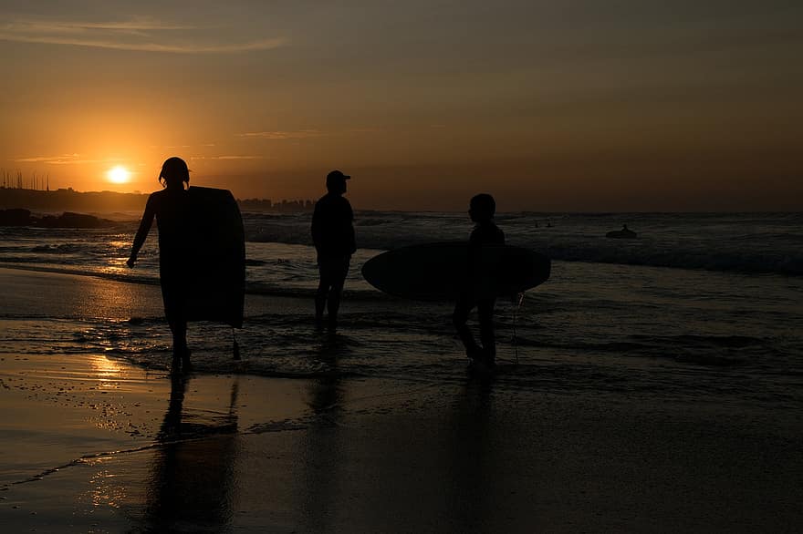 η δυση του ηλιου, παραλία, σιλουέτα, άνδρας, surfer, σανίδα, σέρφινγκ, νερό, θάλασσα, καλοκαίρι, punta del este