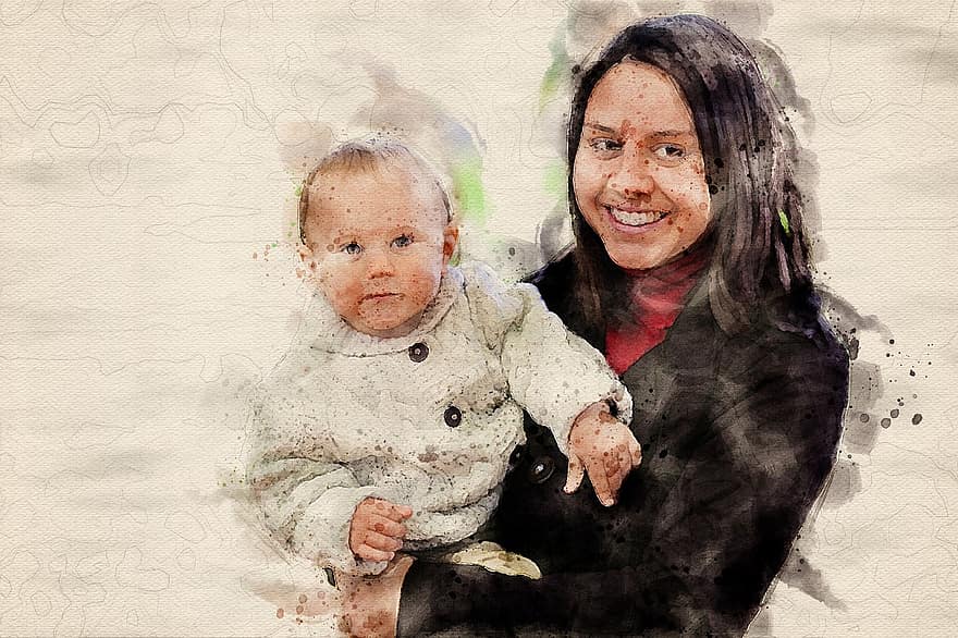 Baby, Girl, Mother, Watercolor, Child, Adorable, Happy, Kids, Sweet, Woman, Family
