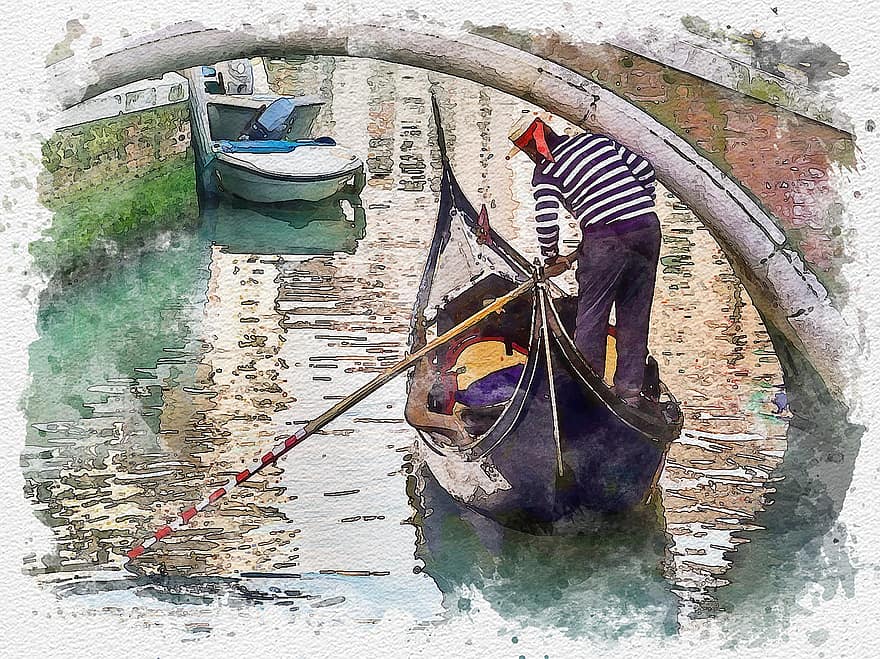 puente, góndola, pintura, acuarela, gondolero, canal, atracción turística, viaje, Venecia, Italia