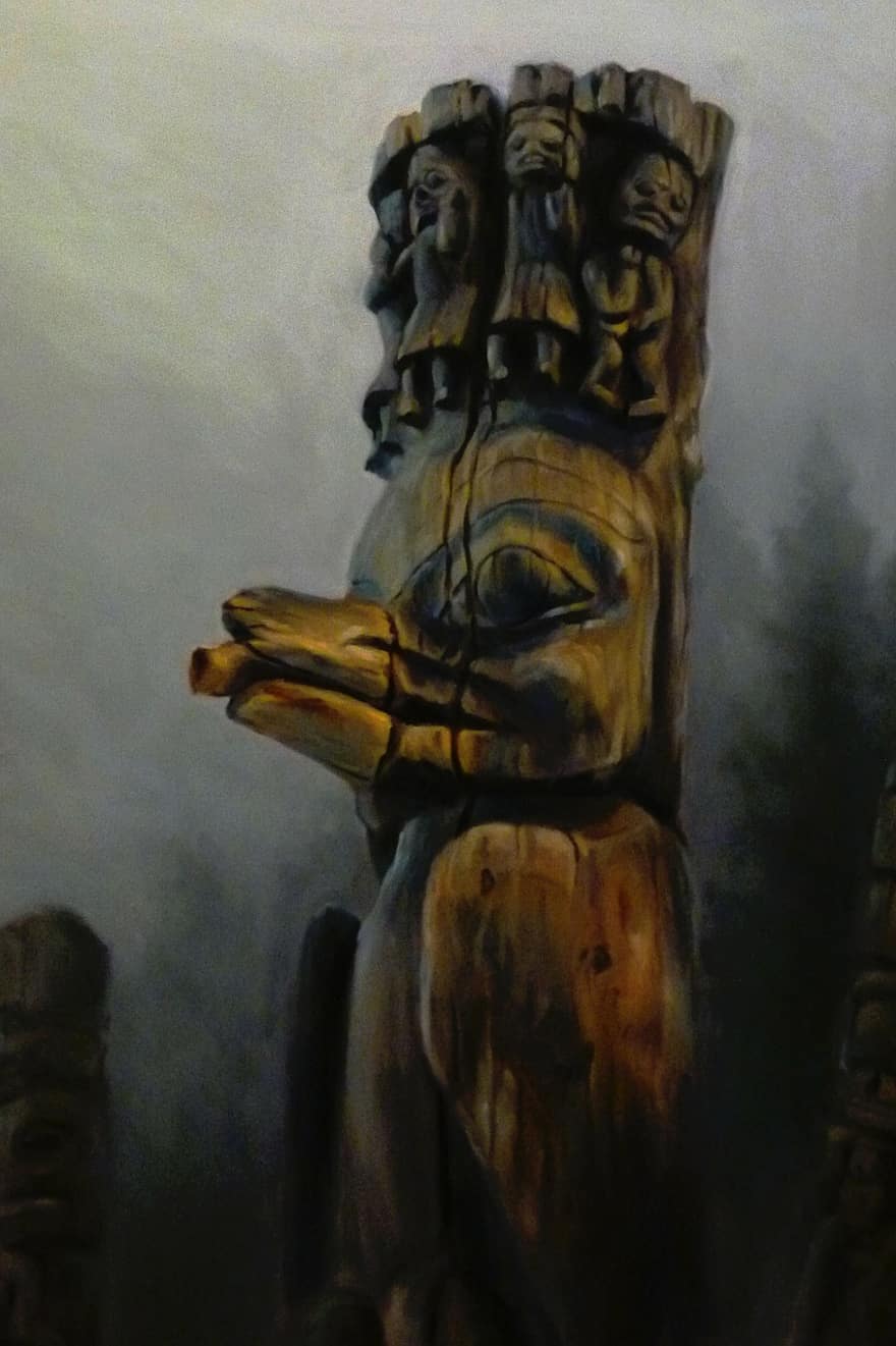 peint, totem, oeuvre autochtone, monument, statue, art numérique, mystique, art indigène, bois, vieilli, manipulation numérique
