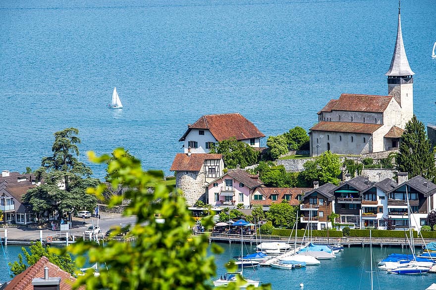 Schweiz, hav, by, Spiez, landskab, Kanton Bern, nautiske fartøj, vand, yacht, sejlbåd, rejse