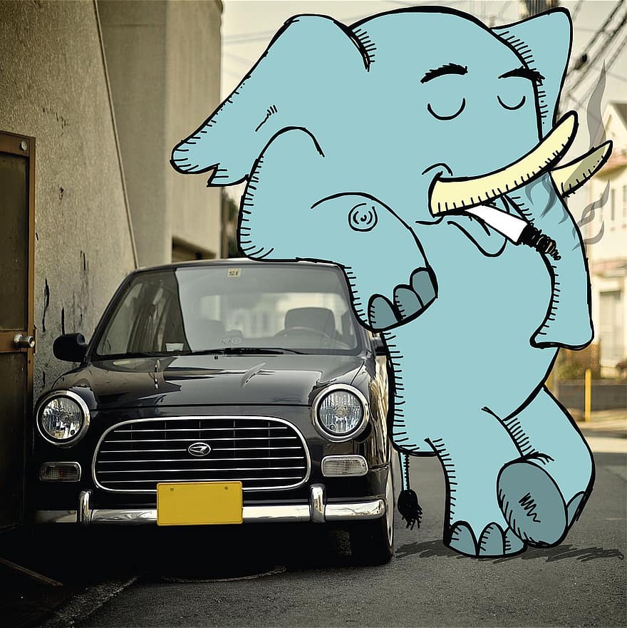 Elephant, Smoking, Car, City, Urban, Vehicle, Street