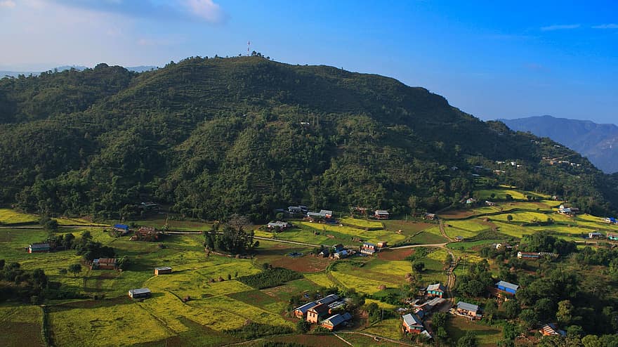 nepal, landsby, bjerg, landskab, landdistrikterne, landskabet, felter, landlige scene, græs, grøn farve, eng