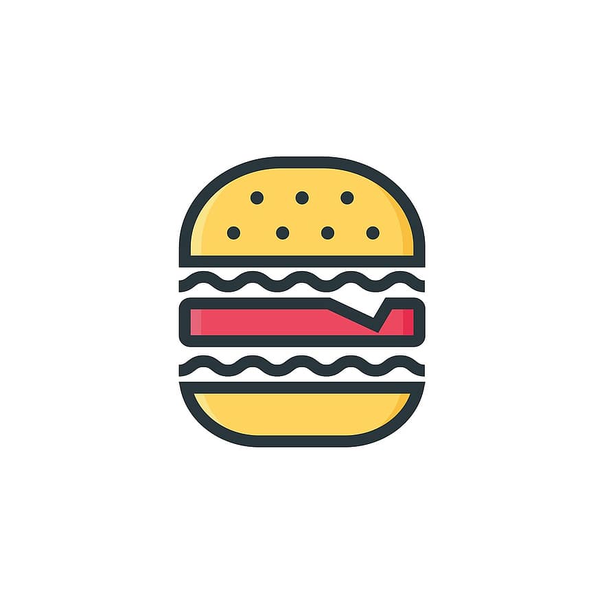 Burger, Icon, American, Grill, Label, Dinner, Cartoon, Vintage, White