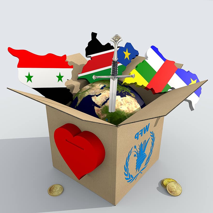 scatola, cartone, mondo, terra, carta geografica, spada, cuore, moneta, bandiera, PAM, Siria