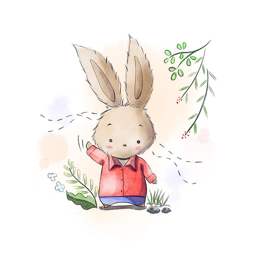 Rabbit, Flowers, Grass, Animals, Fairy Tale, Happy, Cute, Pets, Cartoon, Characters, Painting