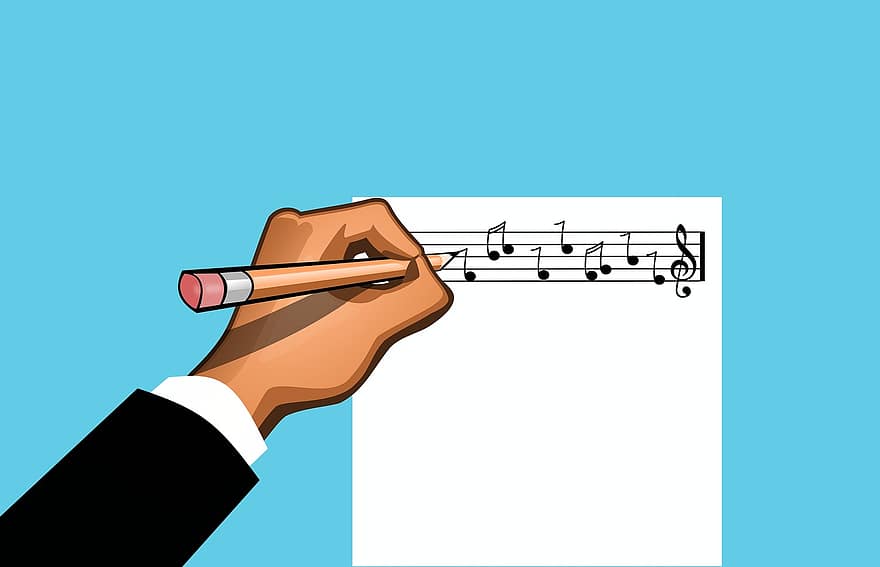 pisać, muzyka, Uwaga, kompozytor, komponować, dłoń, papier, arkusz, kreatywność, linia, sztuka