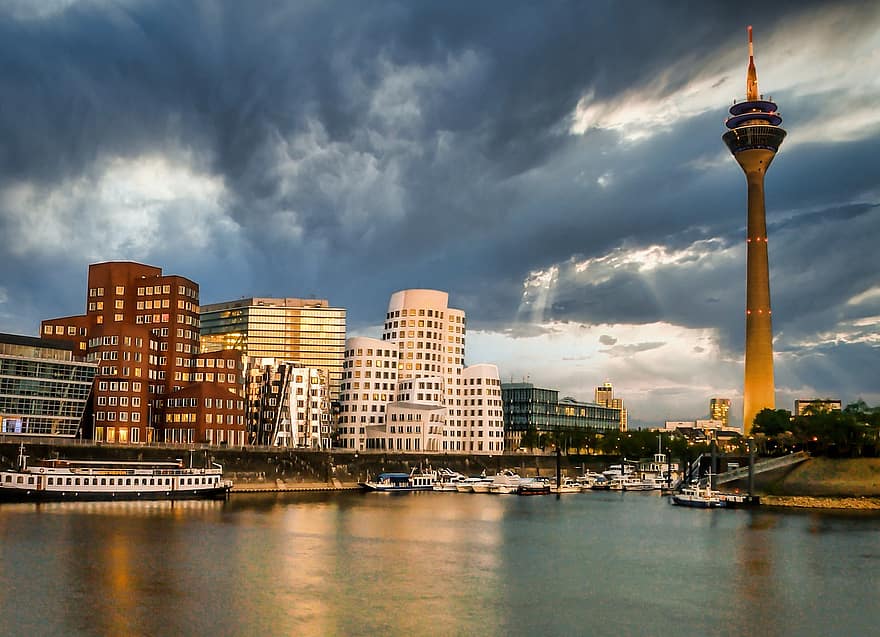 Düsseldorf, város, folyó, épületek, kikötő, Medienhafen, Rajna, Rajna torony, északi rhine-westphalia, televíziós torony, tájékozódási pont