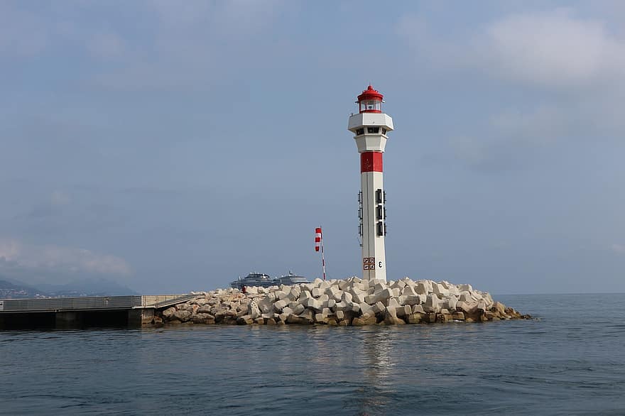 Lighthouse, Sea, Coast, Cannes, France, Rocks, Tower, Water, coastline, blue, beacon