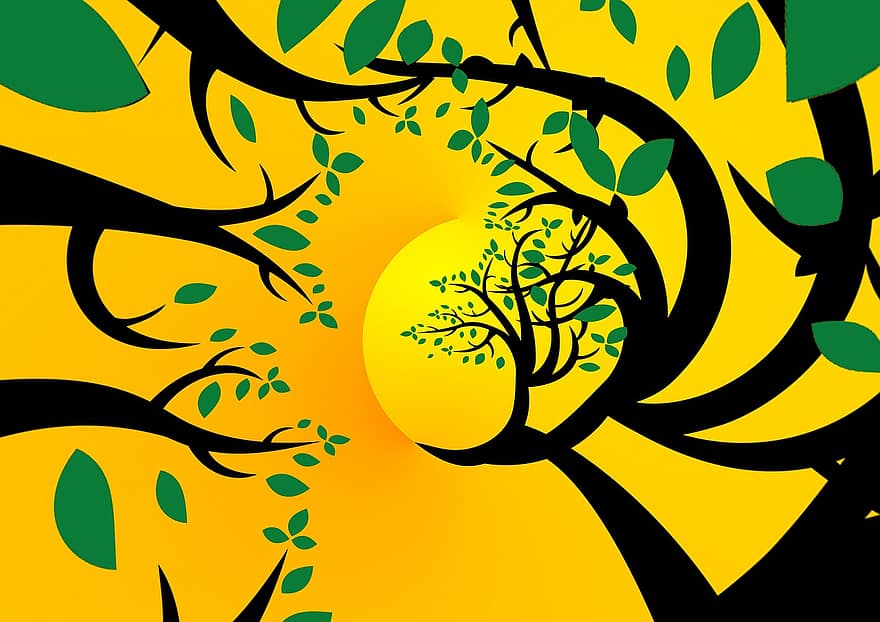 medis, lapai, šakos, geltona, saulė, stilingas, stilius