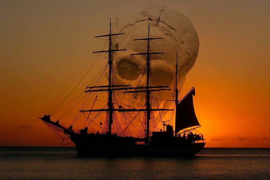navire, Mar, pirate, squelette, bateau, plage, sel, voyage, ciel, navire de pirates, mer ouverte