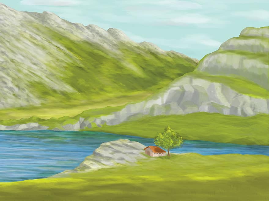 планина, природа, пейзаж, зелен, живопис, езеро, кабина, сцена, заобикаляща среда, трева, зелен цвят