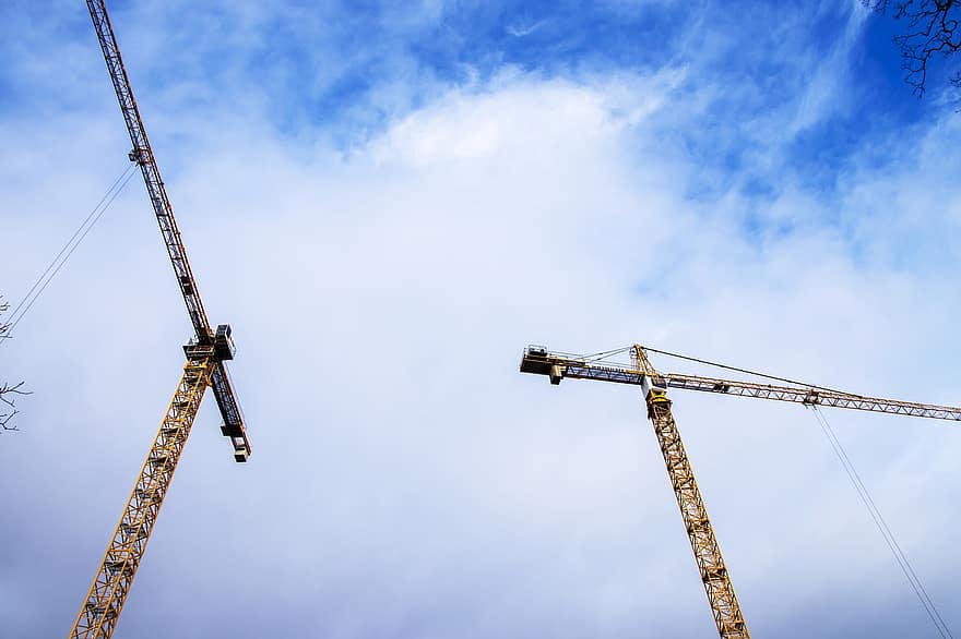 menara crane, konstruksi, langit, awan, derek, mesin, mengangkat, bangunan