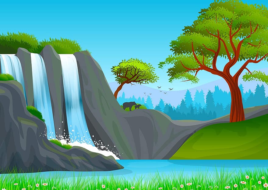 ilustração, fundo, papel de parede, panorama, natureza, cênico, rio, agua, cascata, árvore, montanha