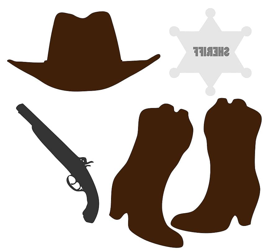 أحذية رعاة البقر ، قبعة رعاة البقر ، الأحذية ، قبعة ، مسدس ، بندقية ، علامة رجل امن ، شارة ، شريف