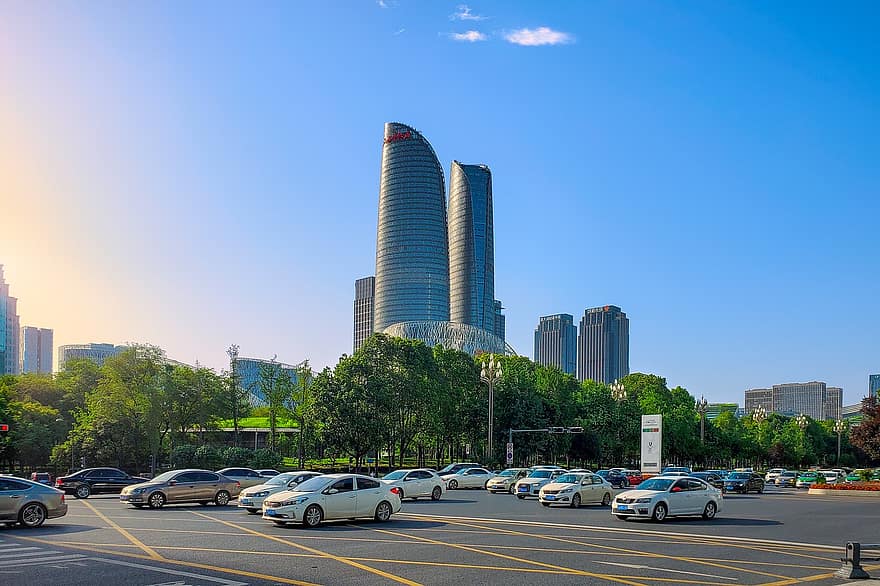 épületek, út, város, forgalom, park, autók, természetes, felhőkarcoló, magas, Chengdu