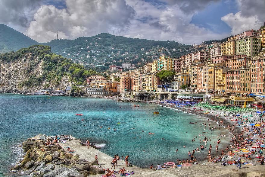 tenger, Olaszország, Liguria, camogli, Genova, öböl, móló, nyári, strand, ünnepek, idegenforgalom