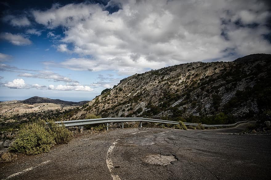 kelias, užmiestyje, asfalto, kreivė, kalnai, akmenys, Kreta, Graikija, pobūdį, panorama, vaizdas