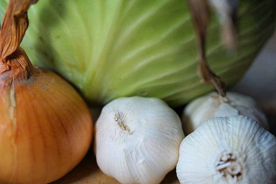 Vegetables, Food, Ingredients, Garlic, Onion, Cabbage, Produce, Organic, Healthy, Raw