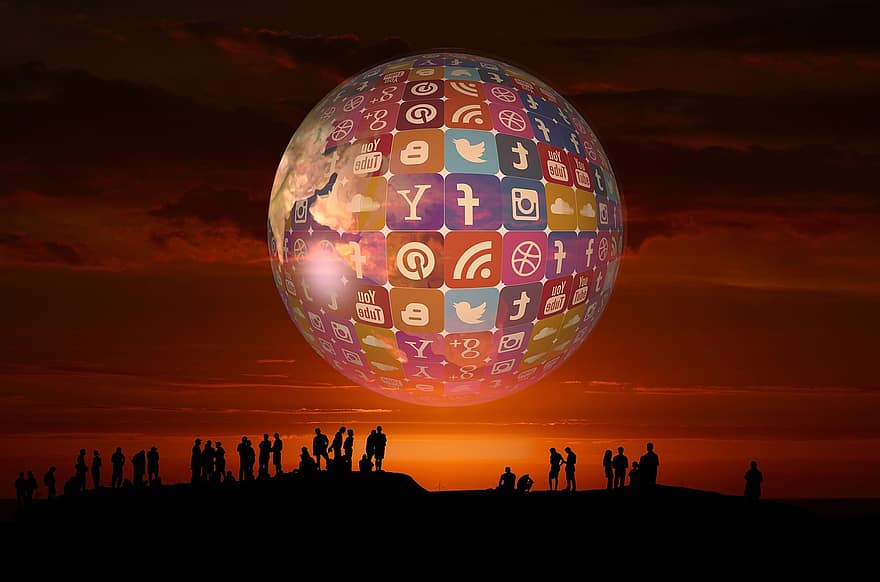 ソーシャルメディア、アイコン、さえずり、フェイスブック、インスタグラム、人々の集団、地球、グローブ、人間、個人的な、驚異