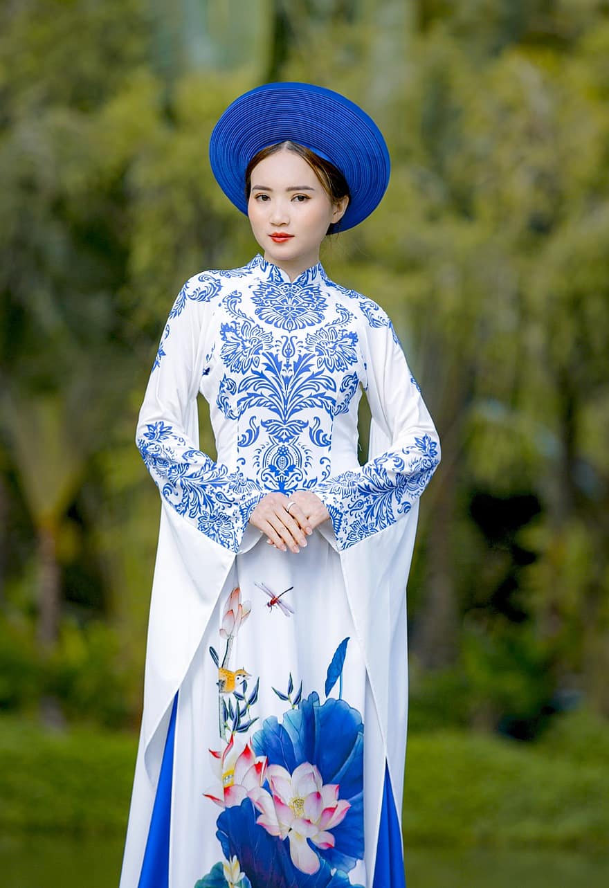 áo dài, thời trang, đàn bà, Quốc phục Việt Nam, mũ, trang phục, truyên thông, con gái, đẹp, tạo dáng, mô hình