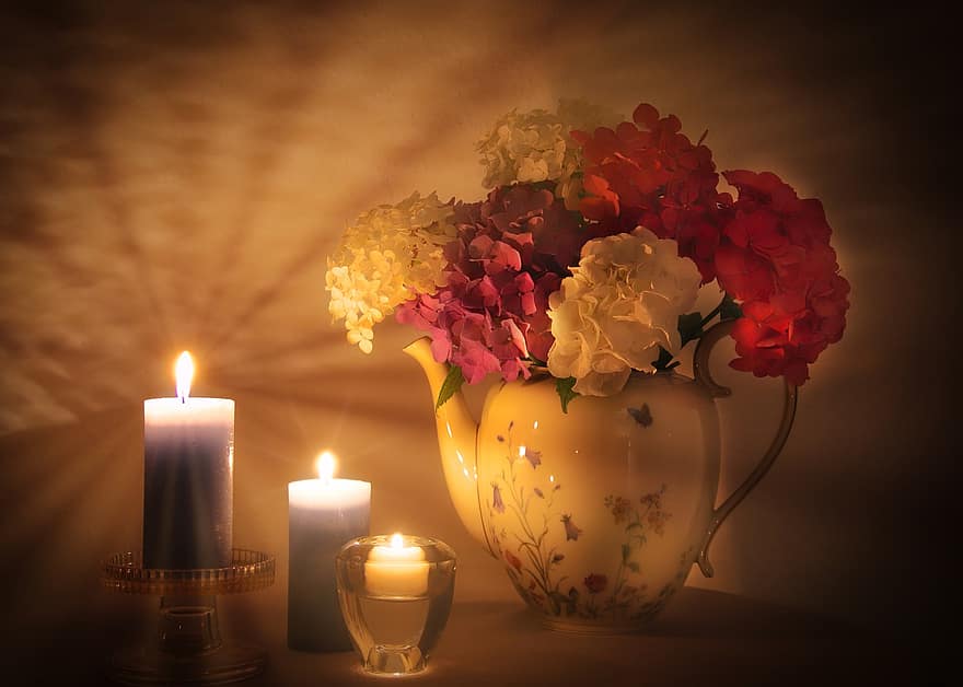 λουλούδια, κεριά, βάζο, μπουκέτο, φως κεριών, ορτανσίες, ρομαντικός