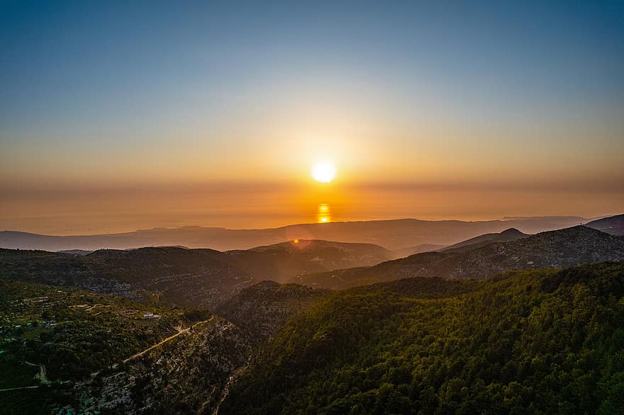 solnedgang, libanon, antenne, drone, udsigt, naturskøn, tapet, landskab, himmel, sol, horisont