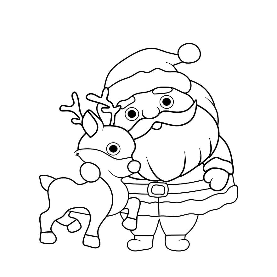 Санта Клаус, північний олень, Різдво, олень, зима, забарвлення, ілюстрації, мультфільм, вектор, святкування, милий