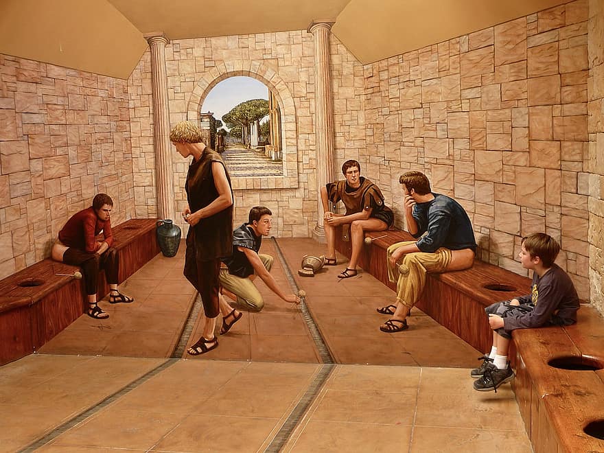 romiešu pirtis, glezna, bērns, latrīna, tualete, romiešu, mazulis, sēdē, ilūzija, vīriešiem, telpās