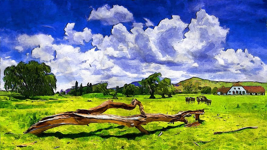 країна, стороні, на відкритому повітрі, ферми, овець, краєвид, небо, хмара, добре, погода, дерево