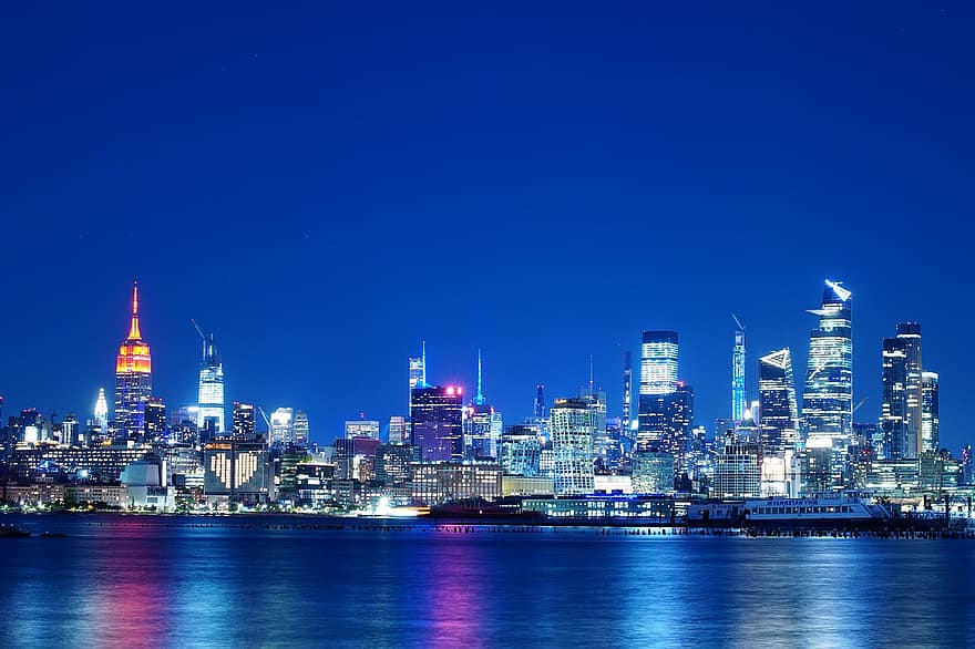 arranha-céus, skyline, paisagem urbana, noite, luzes, mar, reflexão, arquitetura, Nova York, Nova york, Manhattan